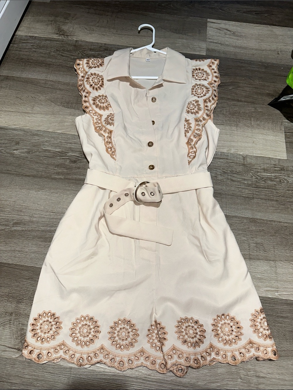 SHEIN Cream Sleeveless Belted Romper with Tan Embroidery